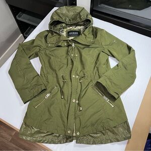 Guess Women’s Small Rain Jacket  Adirondack Windbreaker Adjust Olive Green Gold